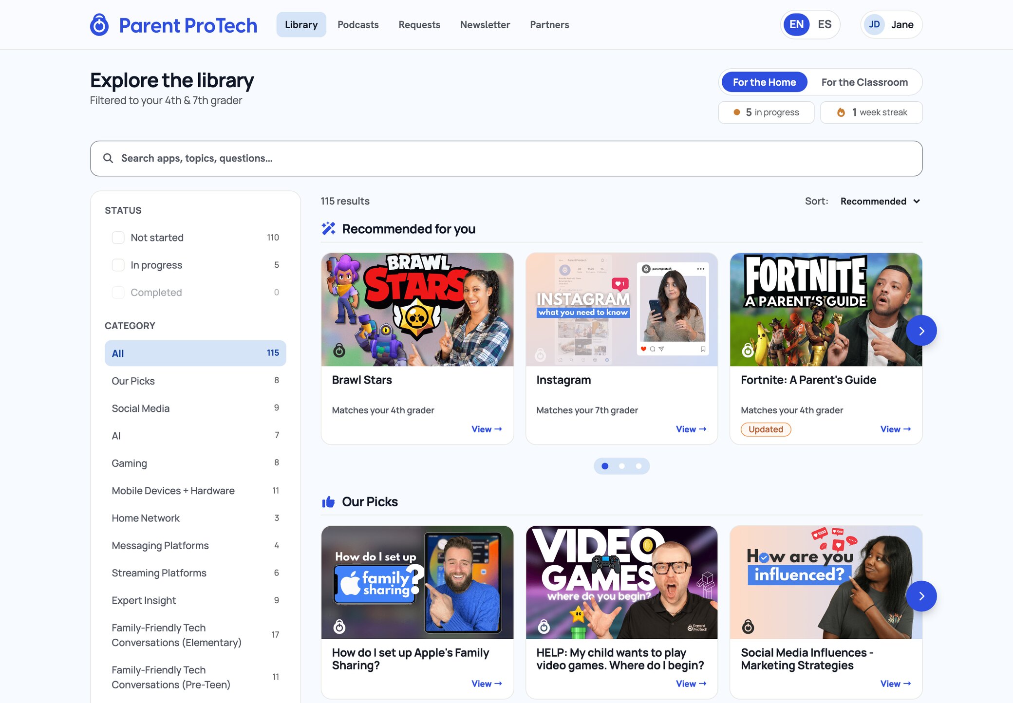 The Parent ProTech course library, with recommended video guides for families